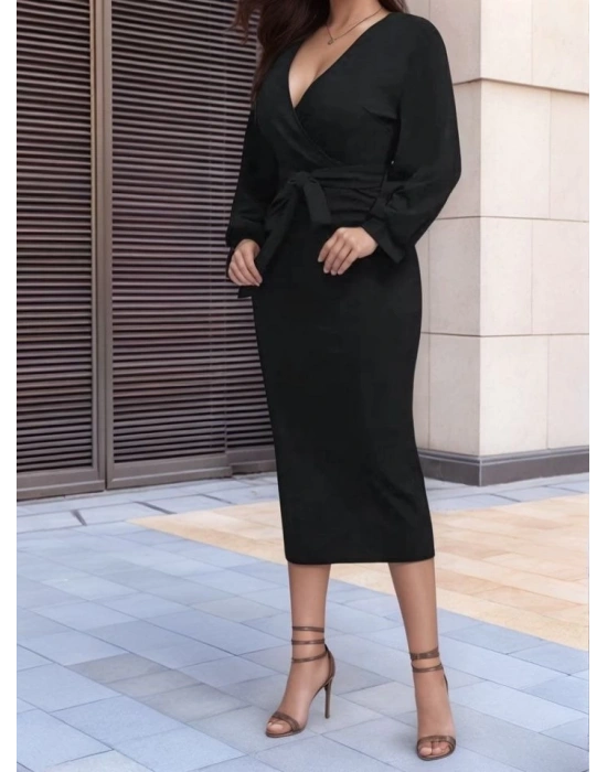 Kadın Uzun Kollu Kruvaze Yaka Belden Kuşaklı Midi Ithal Krep Elbise