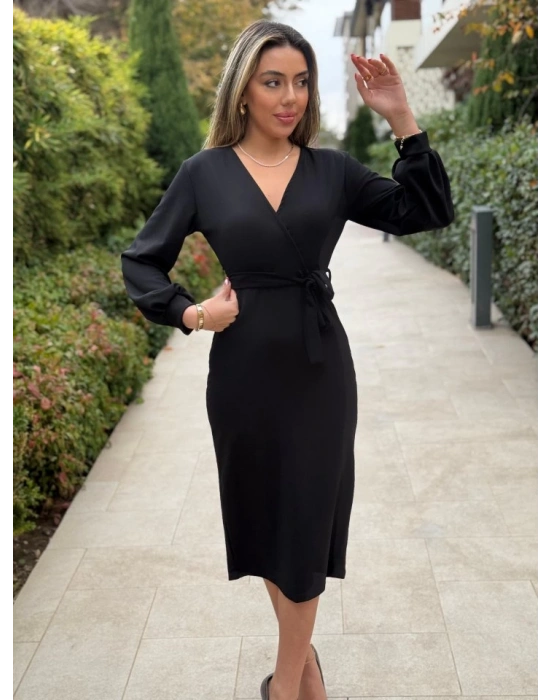 Kadın Uzun Kollu Kruvaze Yaka Belden Kuşaklı Midi Ithal Krep Elbise