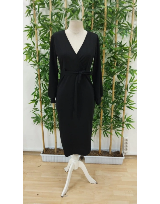 Kadın Uzun Kollu Kruvaze Yaka Belden Kuşaklı Midi Ithal Krep Elbise