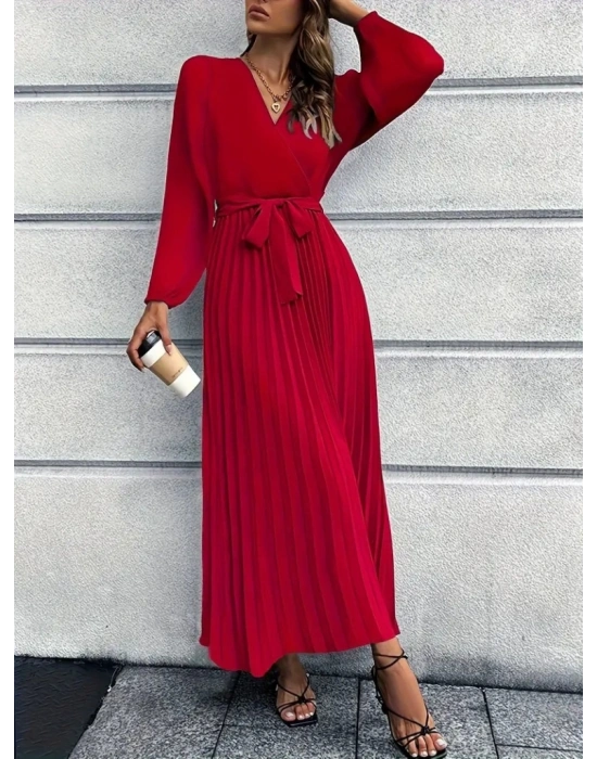 Kadın Uzun Kollu Kruvaze Yaka Belden Kuşaklı Pileli Ithal Krep Elbise