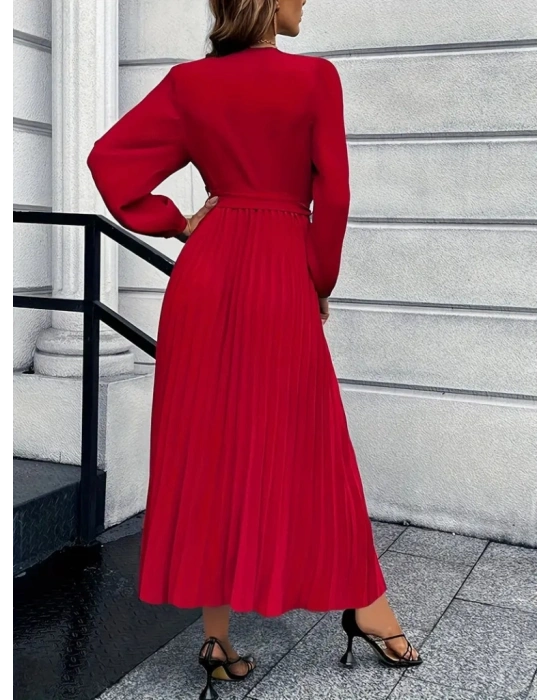 Kadın Uzun Kollu Kruvaze Yaka Belden Kuşaklı Pileli Ithal Krep Elbise