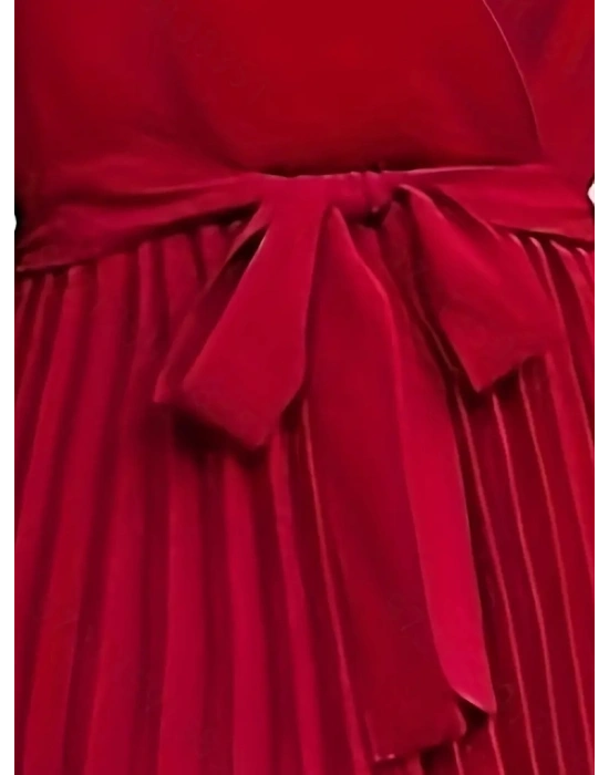 Kadın Uzun Kollu Kruvaze Yaka Belden Kuşaklı Pileli Ithal Krep Elbise