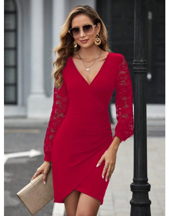 Kadın Uzun Kollu Kruvaze Yaka Beli Düğme Detay Krep Elbise