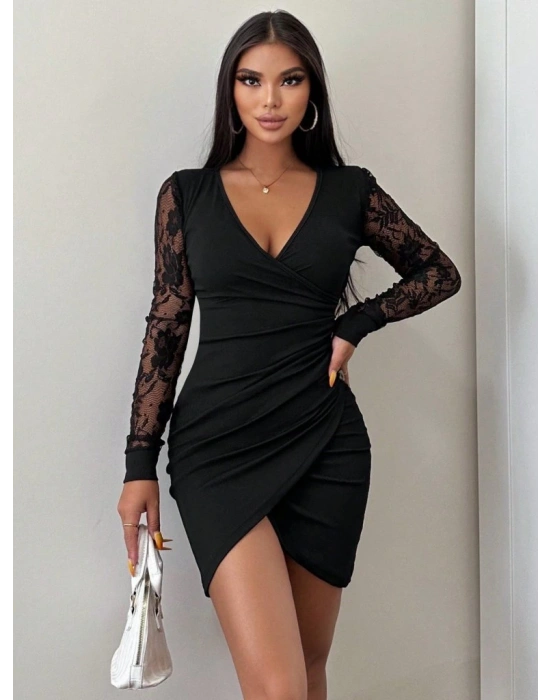 Kadın Uzun Kollu Kruvaze Yaka Beli Düğme Detay Krep Elbise