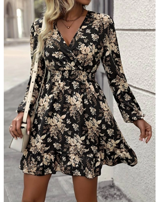 Kadın Uzun Kollu Kruvaze Yaka Beli Gipeli çiçek Desenli Kısa Dalgıç Elbise