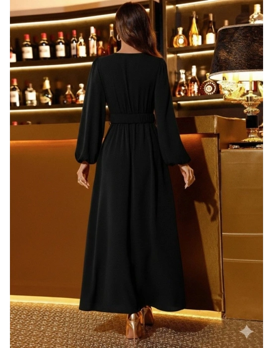 Kadın Uzun Kollu Kruvaze Yaka Beli Kemerli Yırtmaçlı Uzun Ithal Krep Elbise