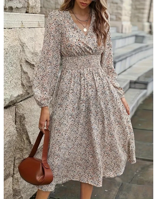 Kadın Uzun Kollu Kruvaze Yaka Beli Lastikli Kiloş Desenli Midi Süprem Elbise