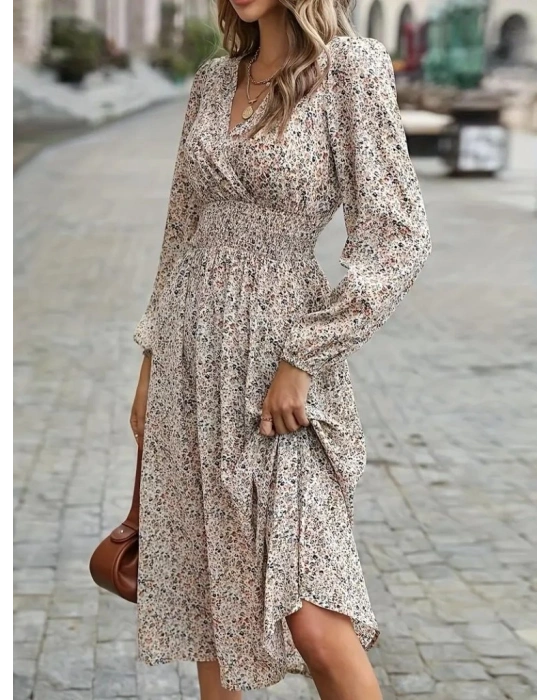 Kadın Uzun Kollu Kruvaze Yaka Beli Lastikli Kiloş Desenli Midi Süprem Elbise