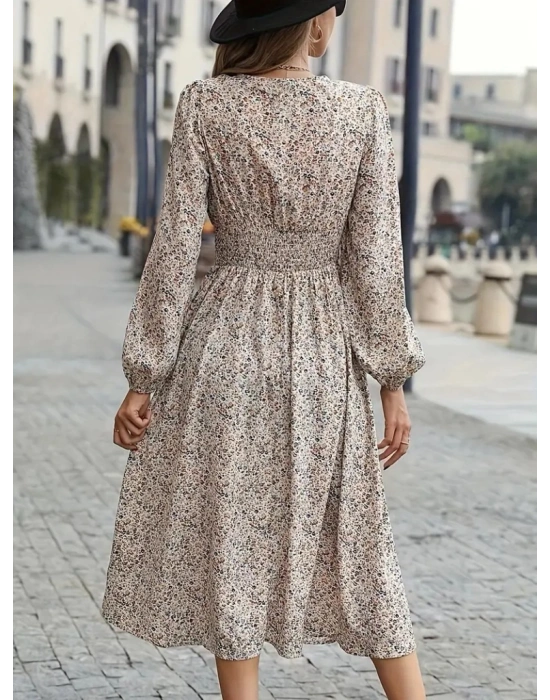 Kadın Uzun Kollu Kruvaze Yaka Beli Lastikli Kiloş Desenli Midi Süprem Elbise