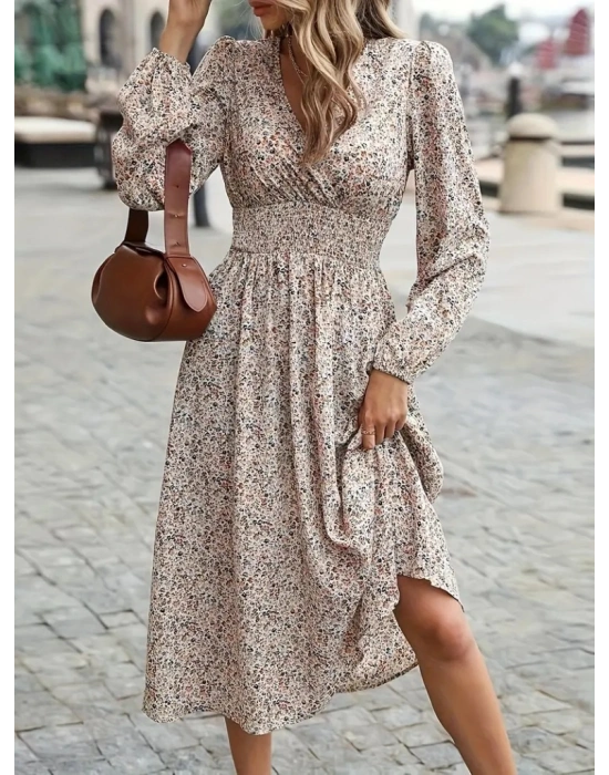 Kadın Uzun Kollu Kruvaze Yaka Beli Lastikli Kiloş Desenli Midi Süprem Elbise