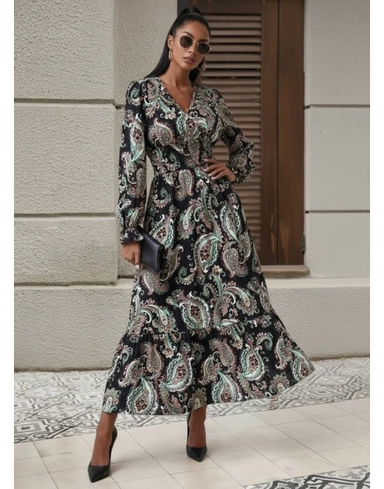 Kadın Uzun Kollu Kruvaze Yaka Beli Lastikli Uzun Desenli Maxi Elbise