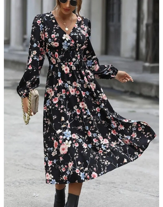 Kadın Uzun Kollu Kruvaze Yaka Beli Lastikli Yandan Yırtmaçlı Desenli Dalgıç Elbise