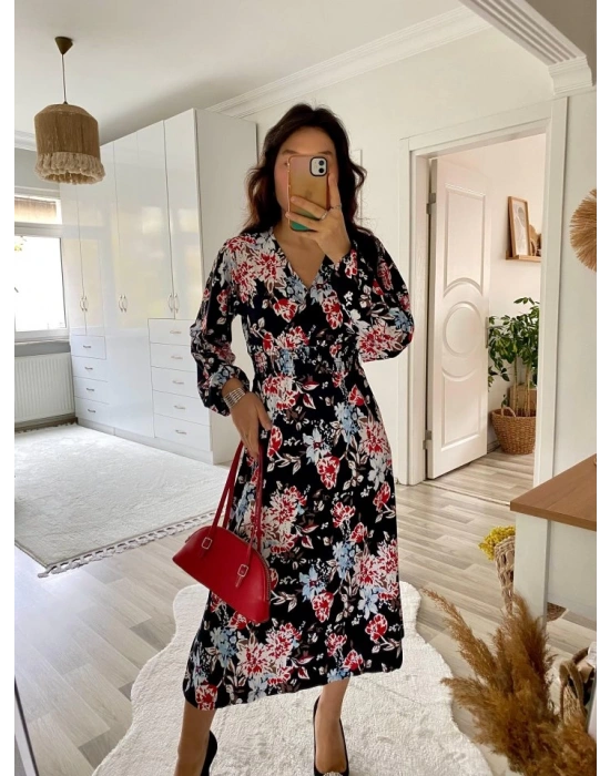 Kadın Uzun Kollu Kruvaze Yaka Beli Lastikli Yandan Yırtmaçlı Desenli Dalgıç Elbise