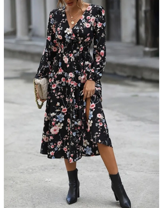 Kadın Uzun Kollu Kruvaze Yaka Beli Lastikli Yandan Yırtmaçlı Desenli Dalgıç Elbise