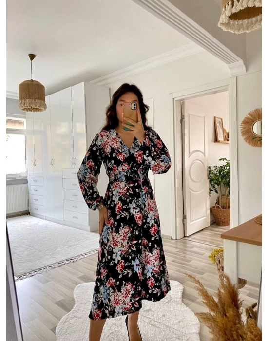 Kadın Uzun Kollu Kruvaze Yaka Beli Lastikli Yandan Yırtmaçlı Desenli Dalgıç Elbise