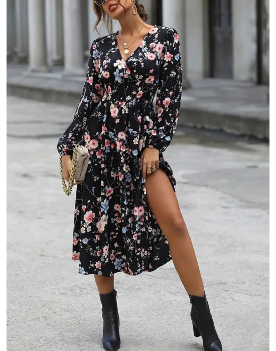 Kadın Uzun Kollu Kruvaze Yaka Beli Lastikli Yandan Yırtmaçlı Desenli Dalgıç Elbise