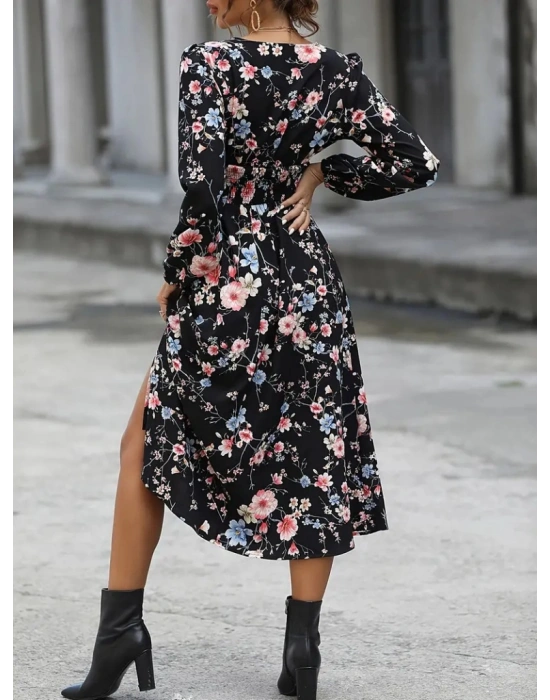 Kadın Uzun Kollu Kruvaze Yaka Beli Lastikli Yandan Yırtmaçlı Desenli Dalgıç Elbise