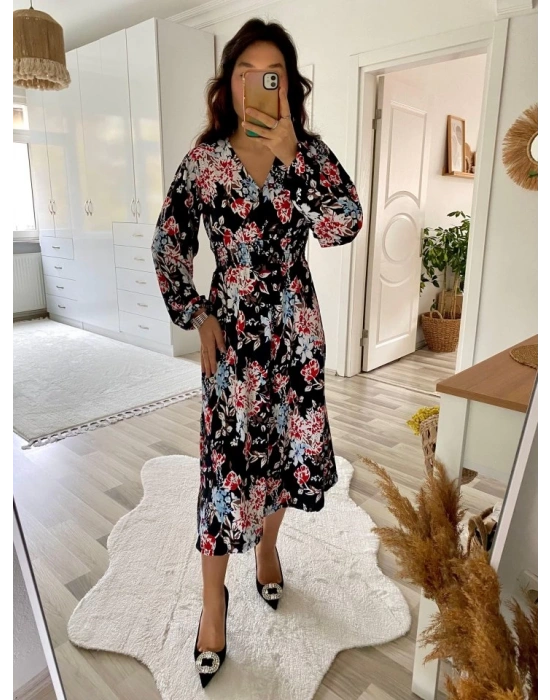 Kadın Uzun Kollu Kruvaze Yaka Beli Lastikli Yandan Yırtmaçlı Desenli Dalgıç Elbise