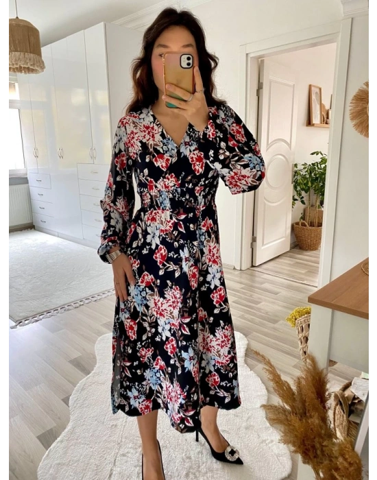 Kadın Uzun Kollu Kruvaze Yaka Beli Lastikli Yandan Yırtmaçlı Desenli Dalgıç Elbise