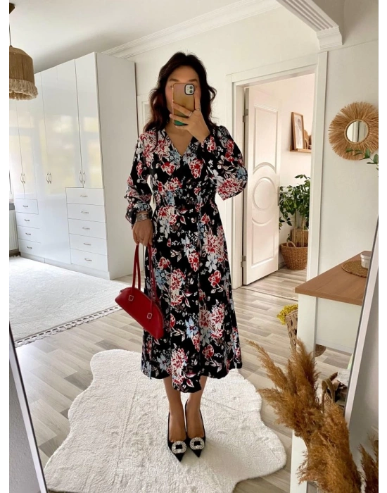 Kadın Uzun Kollu Kruvaze Yaka Beli Lastikli Yandan Yırtmaçlı Desenli Dalgıç Elbise