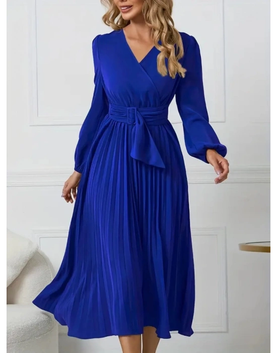 Kadın Uzun Kollu Kruvaze Yaka Belinde Toka Detaylı Pileli Uzun Ithal Krep Elbise