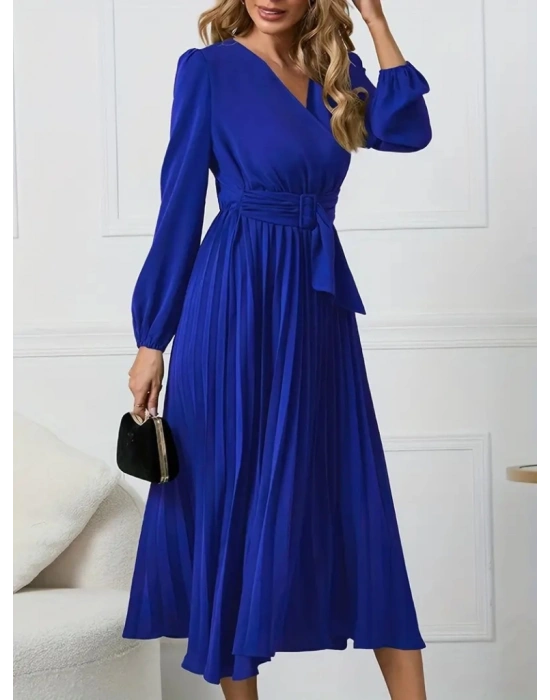 Kadın Uzun Kollu Kruvaze Yaka Belinde Toka Detaylı Pileli Uzun Ithal Krep Elbise