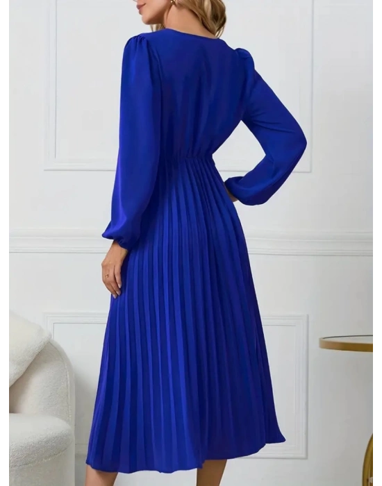 Kadın Uzun Kollu Kruvaze Yaka Belinde Toka Detaylı Pileli Uzun Ithal Krep Elbise