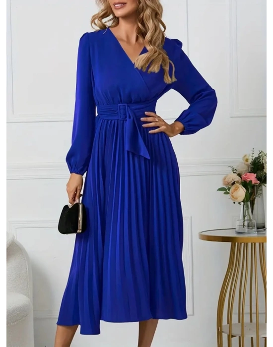 Kadın Uzun Kollu Kruvaze Yaka Belinde Toka Detaylı Pileli Uzun Ithal Krep Elbise