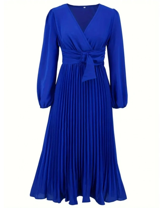 Kadın Uzun Kollu Kruvaze Yaka Belinde Toka Detaylı Pileli Uzun Ithal Krep Elbise