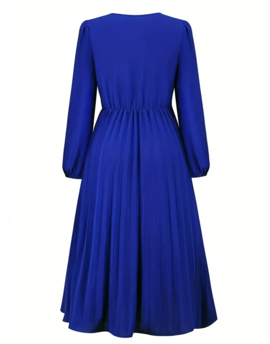 Kadın Uzun Kollu Kruvaze Yaka Belinde Toka Detaylı Pileli Uzun Ithal Krep Elbise