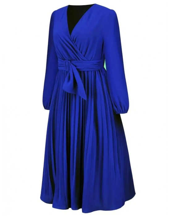 Kadın Uzun Kollu Kruvaze Yaka Belinde Toka Detaylı Pileli Uzun Ithal Krep Elbise