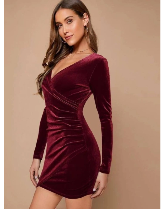 Kadın Uzun Kollu Kruvaze Yaka Büzgü Detay Fırsat ürün Mini Kadife Elbise