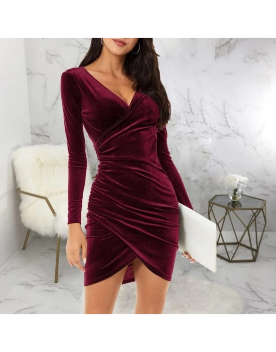 Kadın Uzun Kollu Kruvaze Yaka Büzgü Detay Fırsat ürün Mini Kadife Elbise