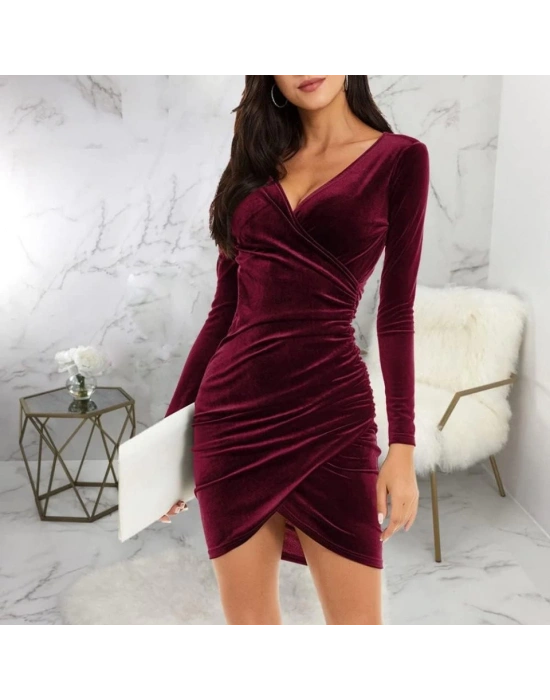 Kadın Uzun Kollu Kruvaze Yaka Büzgü Detay Fırsat ürün Mini Kadife Elbise