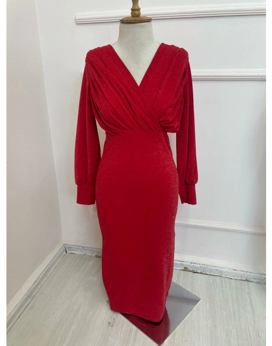 Kadın Uzun Kollu Kruvaze Yaka Büzgü Ve Balon Kol Detay imli Krep Kumaş Maxi Boy Elbise