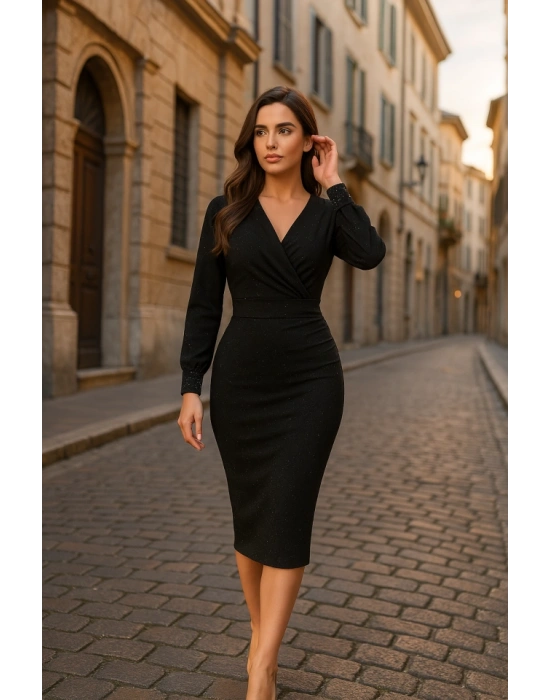 Kadın Uzun Kollu Kruvaze Yaka Büzgü Ve Balon Kol Detay Krep Kumaş axi Boy Elbise