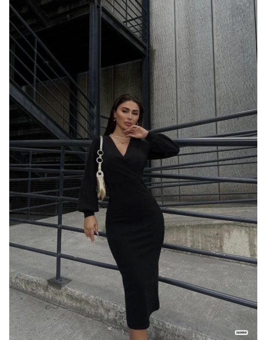 Kadın Uzun Kollu Kruvaze Yaka Büzgü Ve Balon Kol Detay Krep Kumaş axi Boy imli Elbise