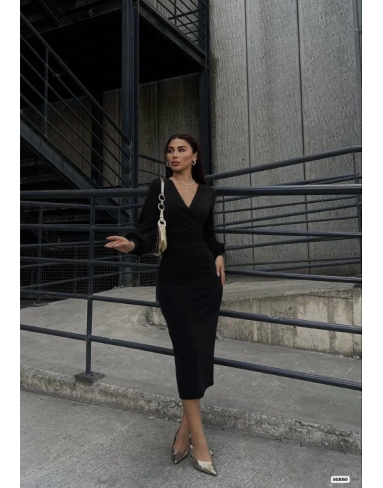 Kadın Uzun Kollu Kruvaze Yaka Büzgü Ve Balon Kol Detay Krep Kumaş axi Boy imli Elbise