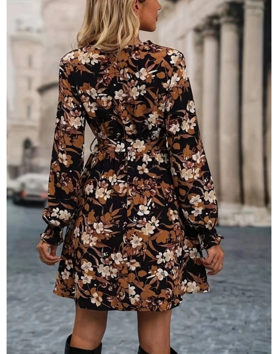 Kadın Uzun Kollu Kruvaze Yaka çiçek Desenli Dalgıç Elbise