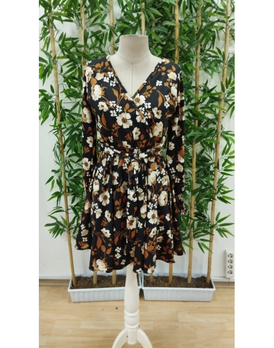 Kadın Uzun Kollu Kruvaze Yaka çiçek Desenli Dalgıç Elbise