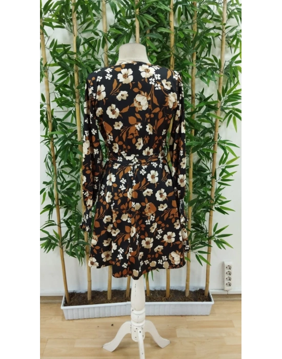 Kadın Uzun Kollu Kruvaze Yaka çiçek Desenli Dalgıç Elbise