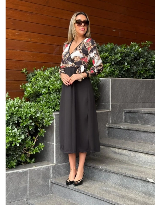 Kadın Uzun Kollu Kruvaze Yaka Dalgıç Krep Midi Boy Elbise