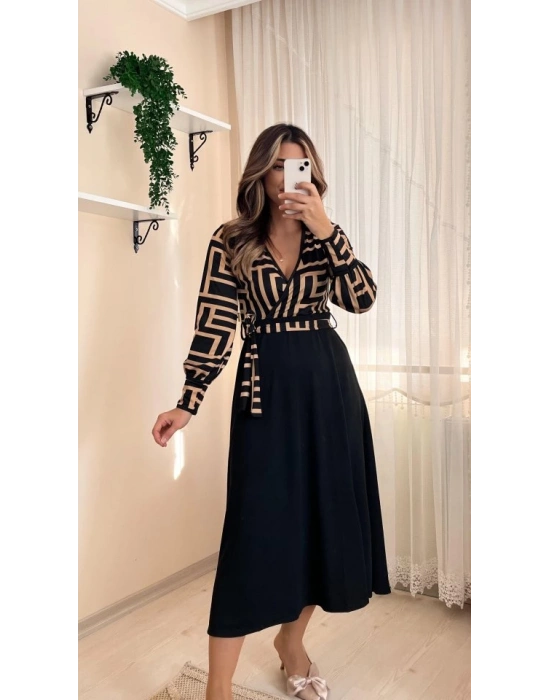 Kadın Uzun Kollu Kruvaze Yaka Dalgıç Krep Midi Boy Elbise