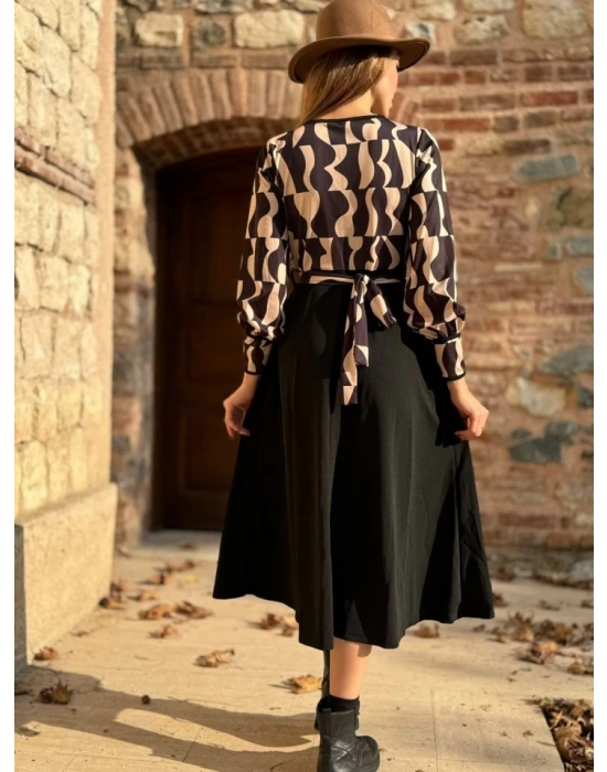 Kadın Uzun Kollu Kruvaze Yaka Dalgıç Krep Midi Boy Elbise