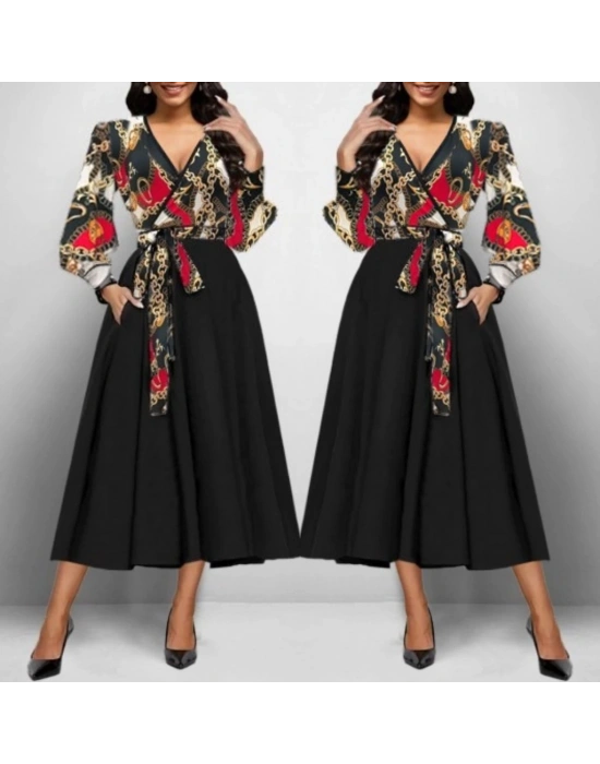 Kadın Uzun Kollu Kruvaze Yaka Dalgıç Krep Midi Boy Elbise