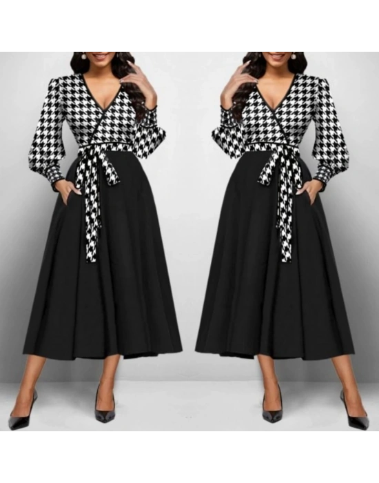 Kadın Uzun Kollu Kruvaze Yaka Dalgıç Krep Midi Boy Elbise