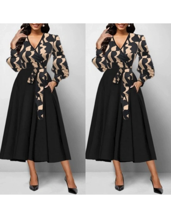 Kadın Uzun Kollu Kruvaze Yaka Dalgıç Krep Midi Boy Elbise