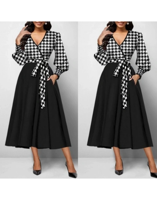 Kadın Uzun Kollu Kruvaze Yaka Dalgıç Krep Midi Boy Elbise