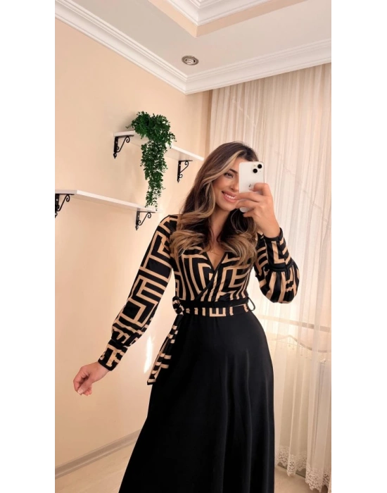 Kadın Uzun Kollu Kruvaze Yaka Dalgıç Krep Midi Boy Elbise