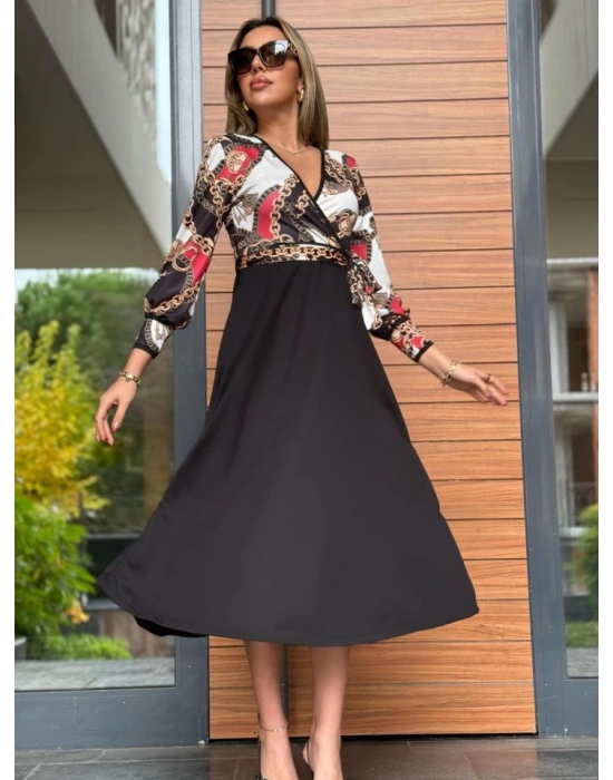 Kadın Uzun Kollu Kruvaze Yaka Dalgıç Krep Midi Boy Elbise